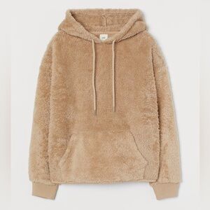 H&M Women’s Beige Teddy Fleece Pullover Hoodie Size L Cozy comfy Soft loungewear